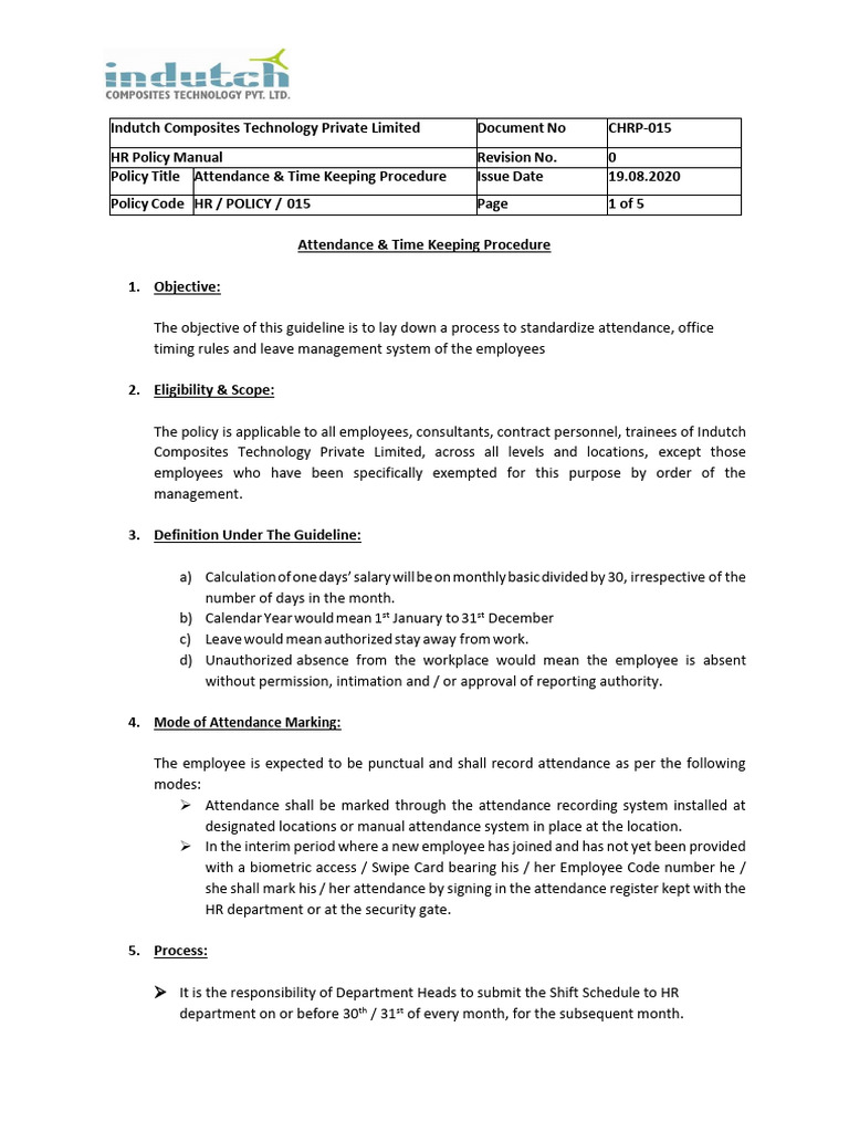Attendance-Time Keeping Procedure | PDF | Salary | Overtime