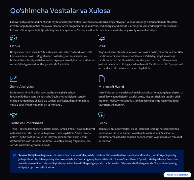 8.Qoshimcha Vositalar Va Xulosa | PDF