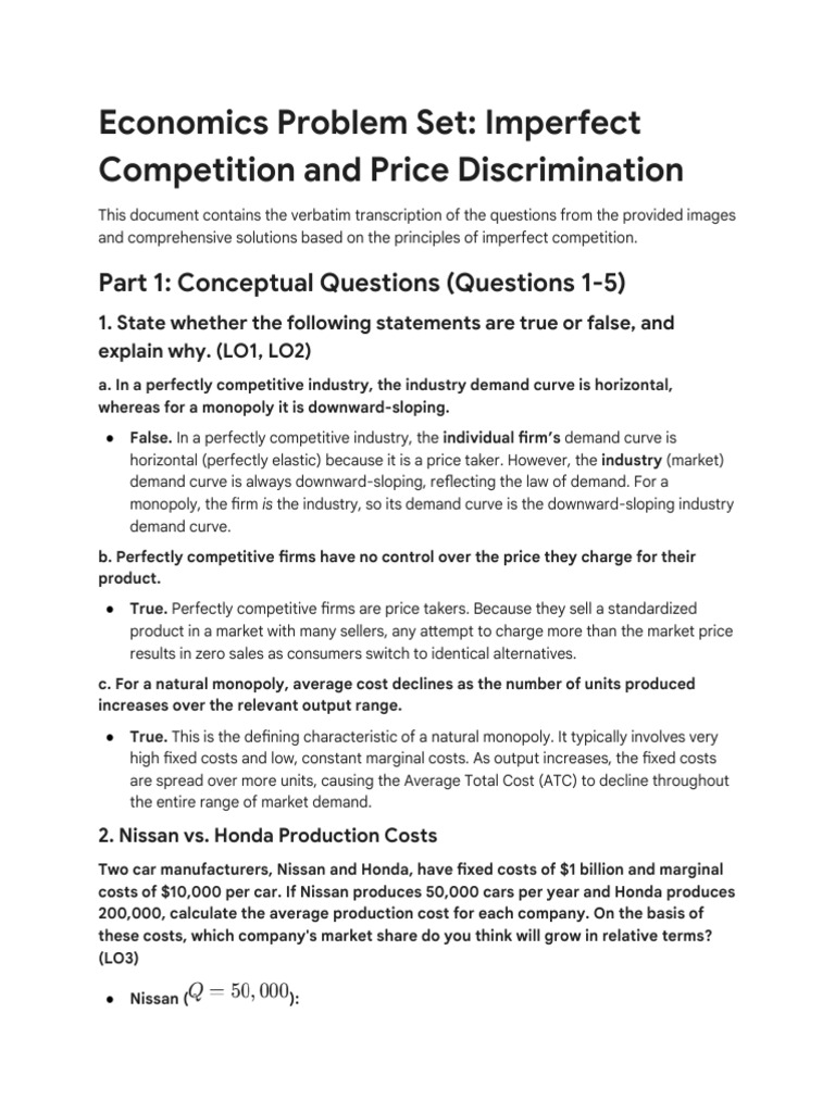 Imperfect Competition Exercises and Solutions | PDF | Monopoly | Price ...