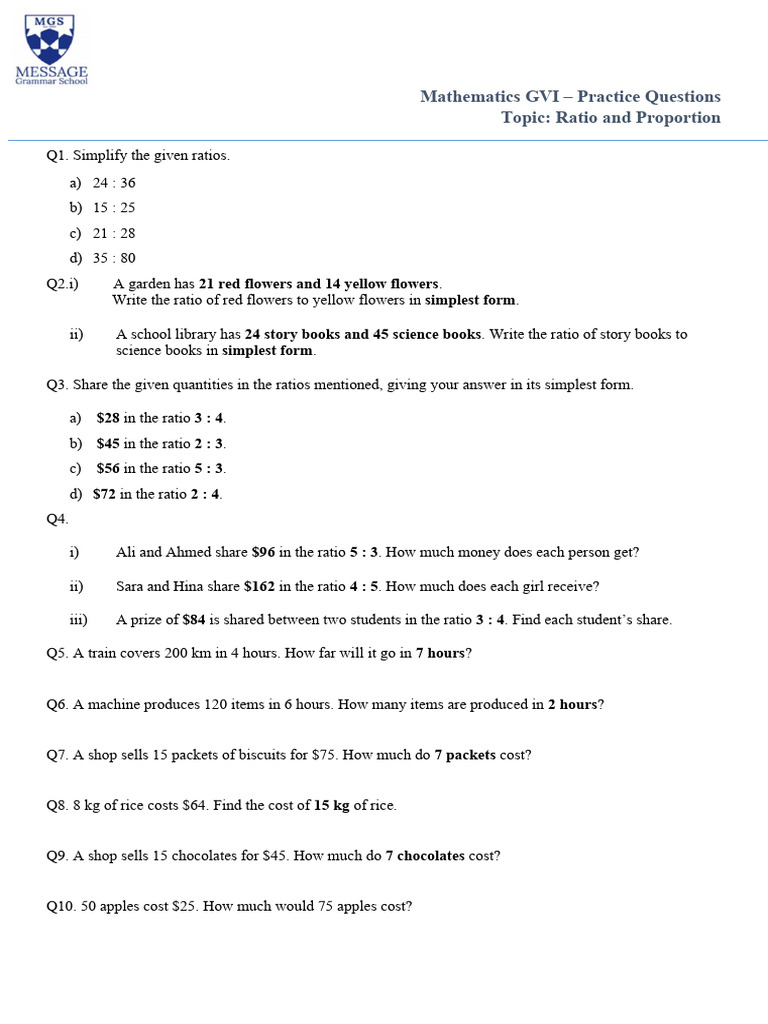 G6 Ratio and Proportion - Practice Qs | PDF
