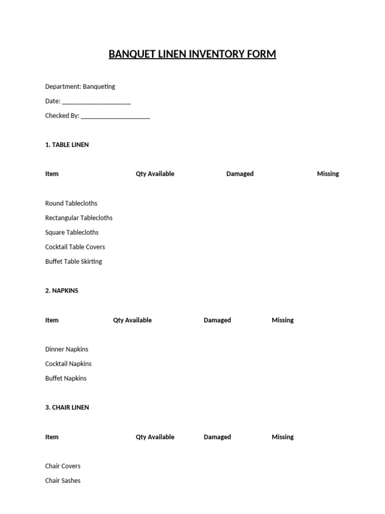 Banquet Linen Inventory Form | PDF