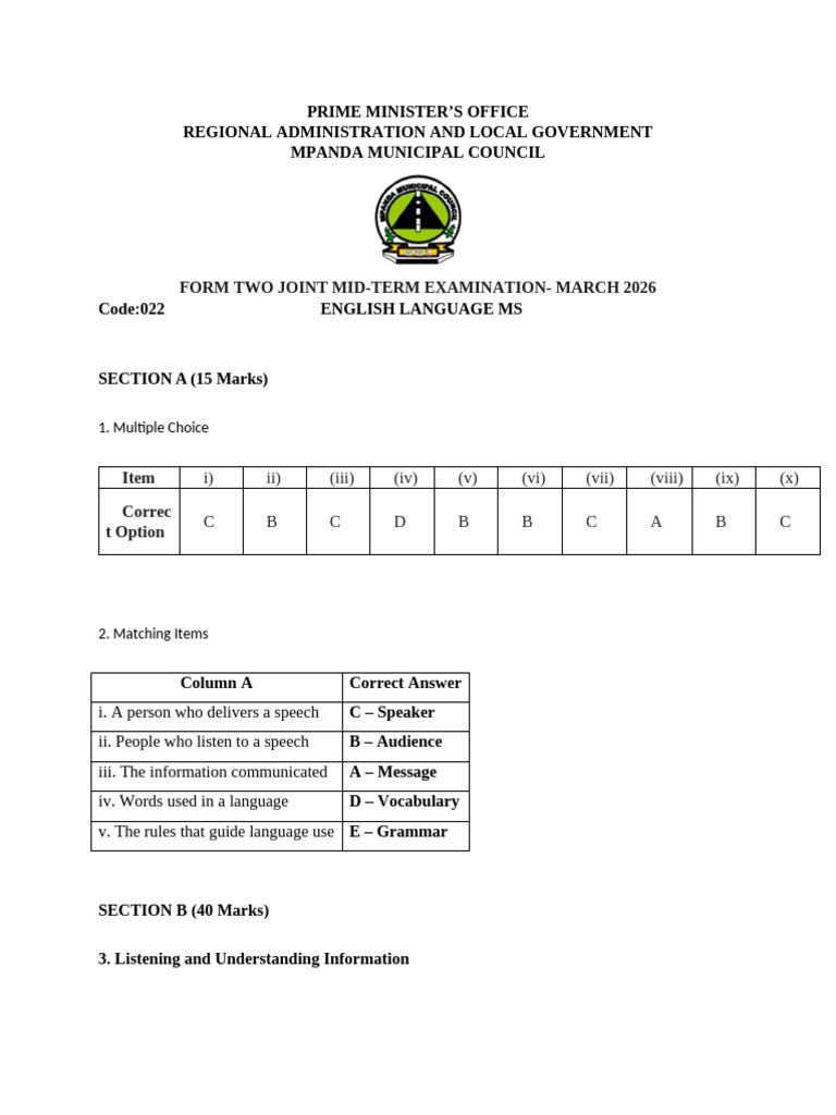 Form 2 English f2 Ms | PDF | Communication | Vocabulary