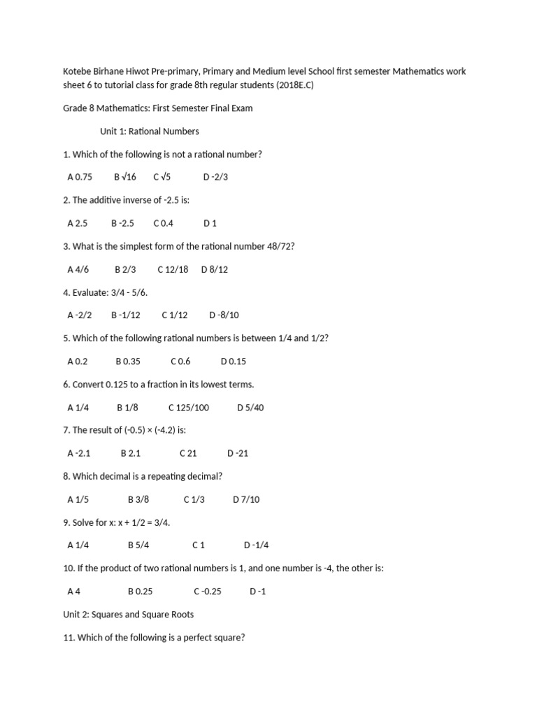 Grade 8 Math First Sem 2018 | PDF