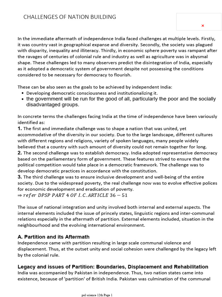 CHALLENGES OF NATION BUILDING | PDF | Partition Of India | Politics Of ...