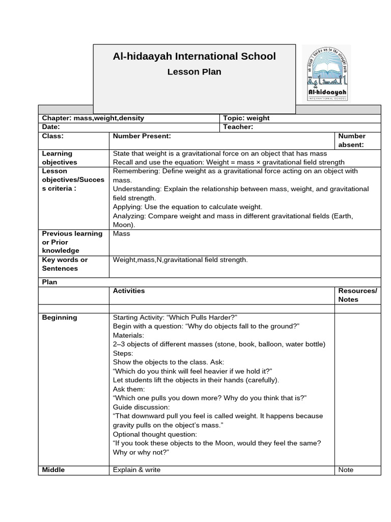 Lesson Plan on Mass | PDF | Weight | Mass