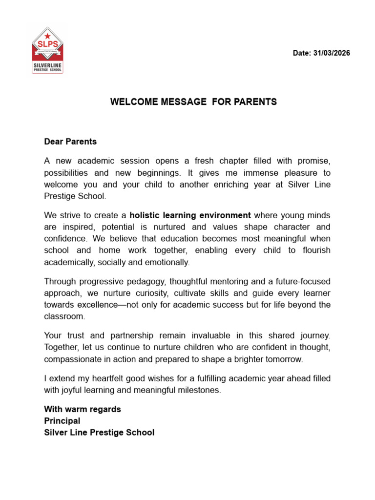 Welcome Message for Parents Cl 6-12 | PDF