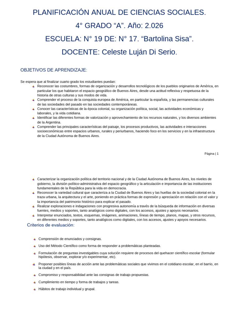 Planificación Anual de Sociales 4° Grado 2026 | PDF | Buenos Aires ...
