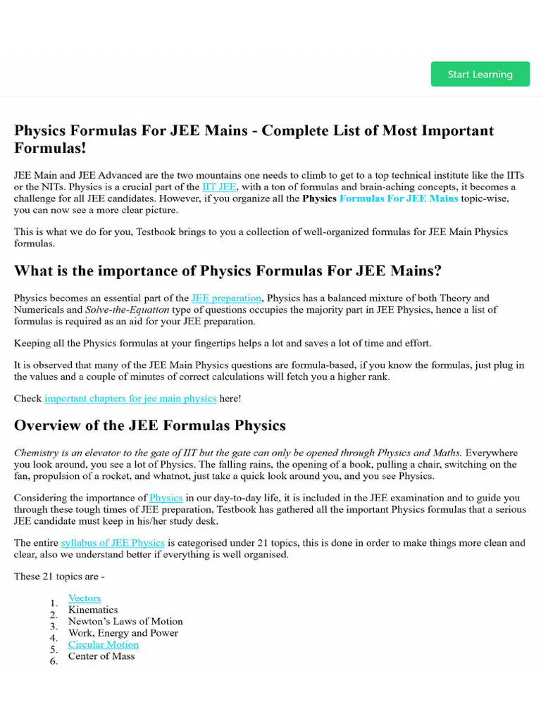 Physics Formulas for JEE Mains - Complete List of Most Important ...