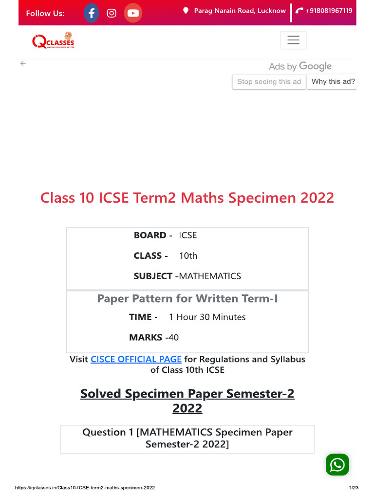 Isce Specimen Maths 2022 Semester 2 | PDF