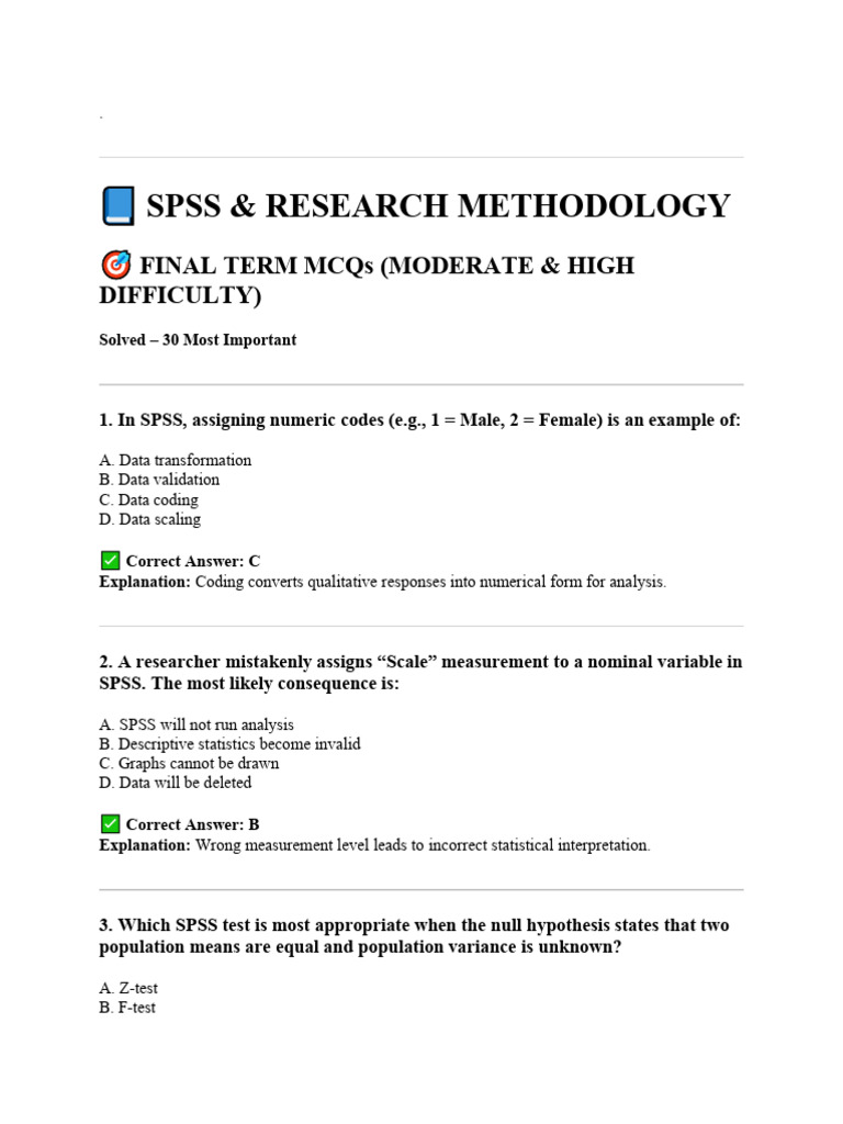 SPSS & RESEARCH METHODOLOGY MCQs | PDF | Student's T Test | Statistics