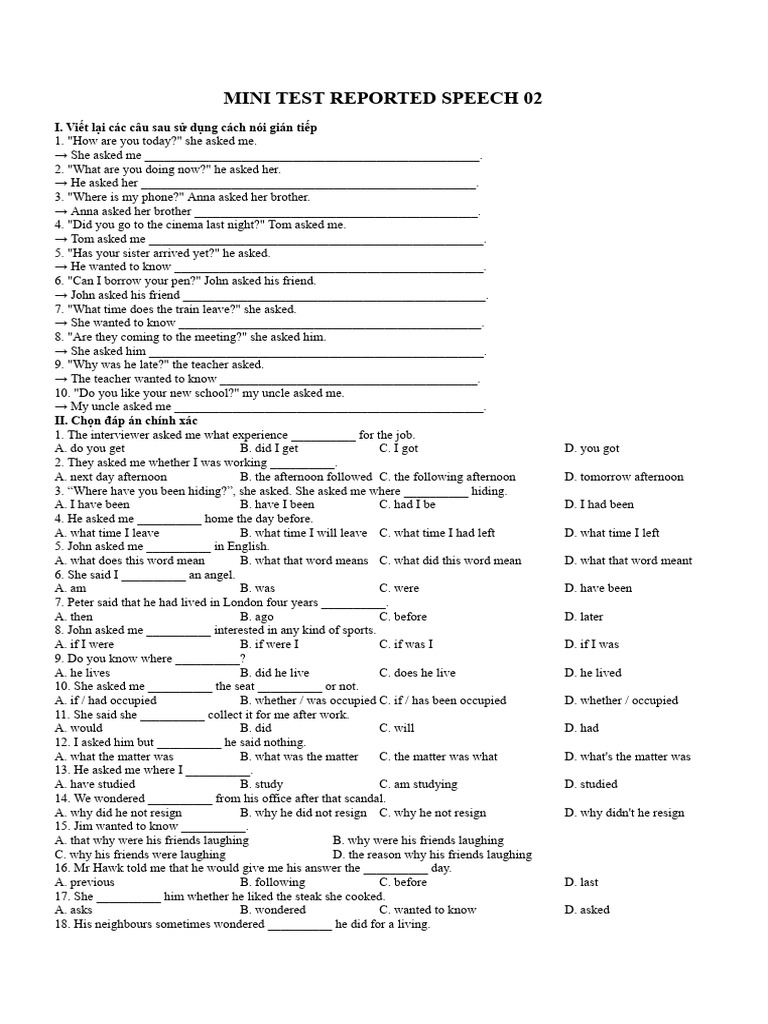 MINI TEST REPORTED SPEECH 02 | PDF | Communication