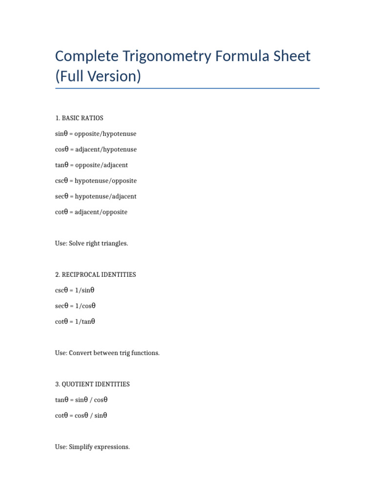 Full Trigonometry Formulas | PDF