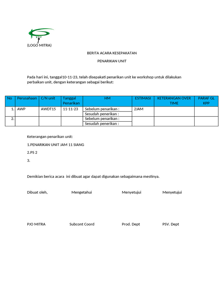 Form Berita Acara Kesepakatan Penarikan Unit Subcont (1) | PDF