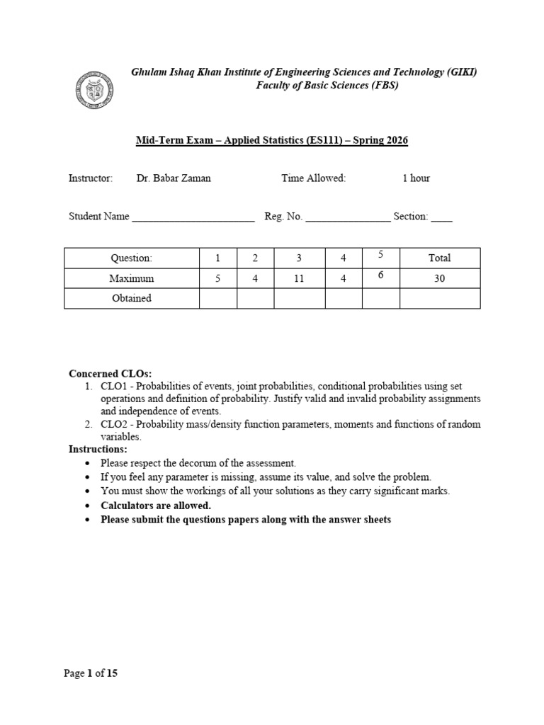 Midterm ES111 2026 Spring | PDF