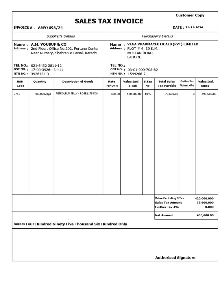 Vega Pharma Invoice Amy-693-24 | PDF