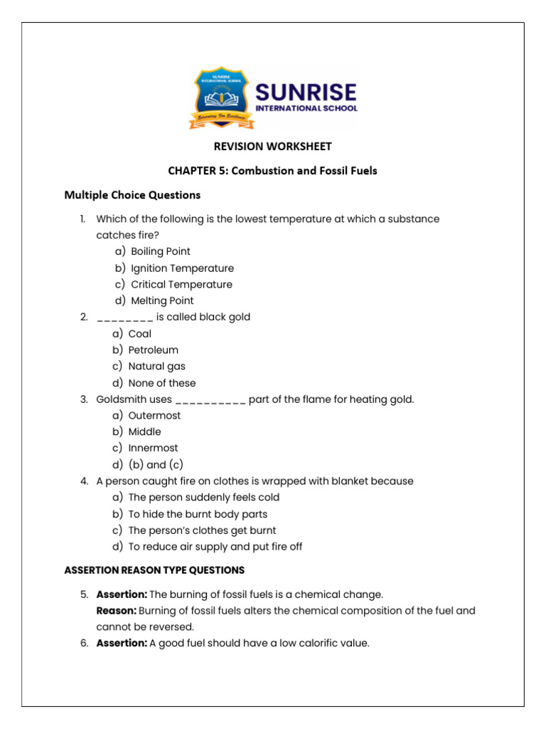 Chapter 5-Combustion and Fossil Fuels- Revision Worksheet | PDF