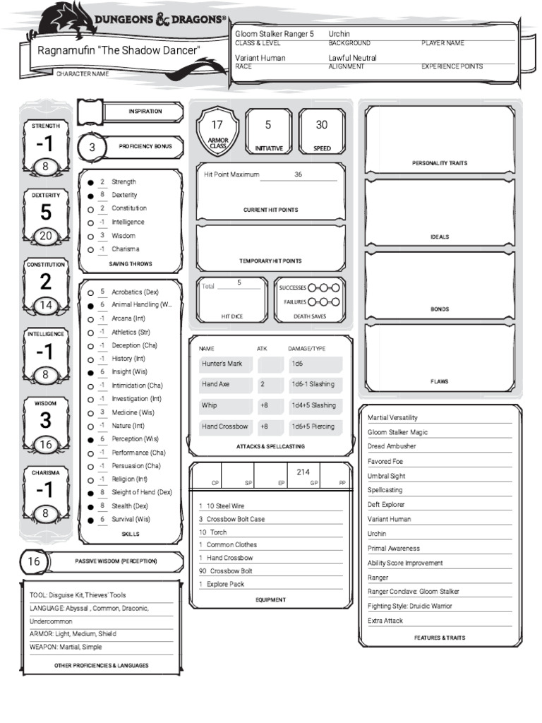 Example DND 5e Char Sheet For Ranger | PDF | Dungeons & Dragons | Gary ...