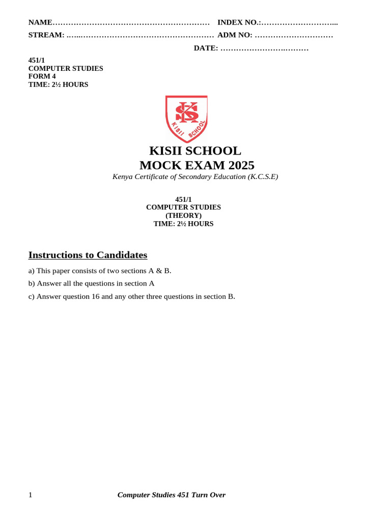 2025 Kisii Sch Computer Form 4 p1 Question Paper | PDF | Computing ...