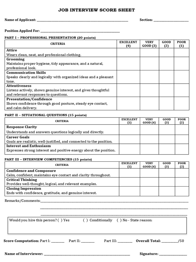 JOB INTERVIEW SCORE SHEET | PDF | Job Interview | Critical Thinking