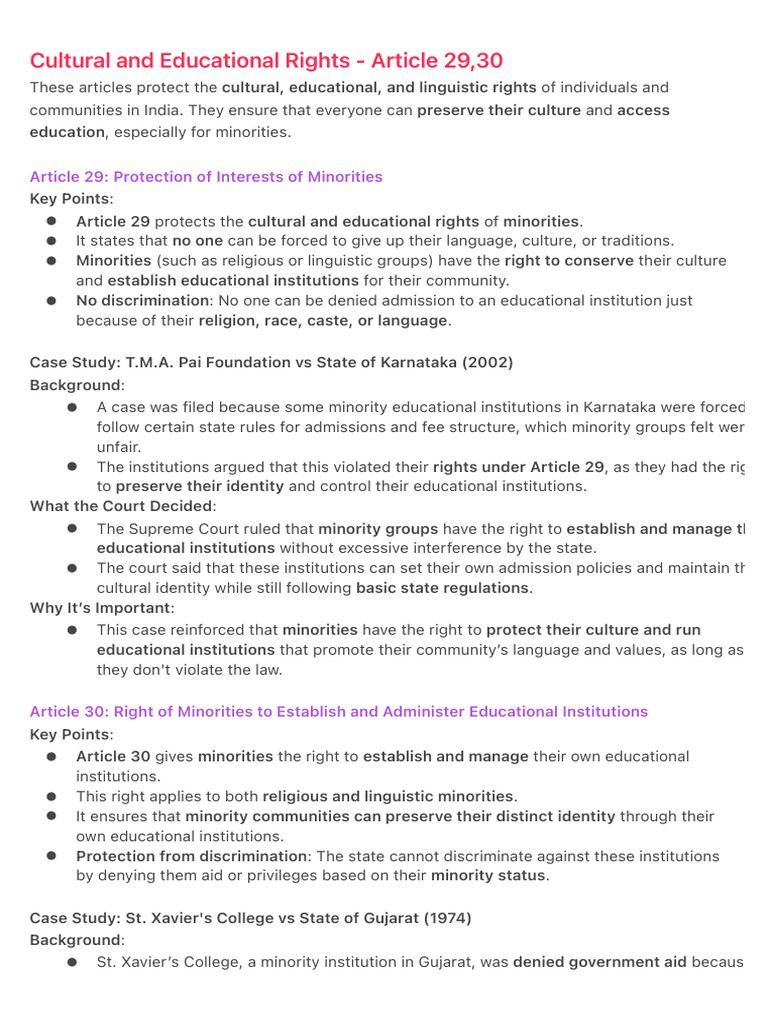 Cultural and Educational Rights - Article 29,30 | PDF