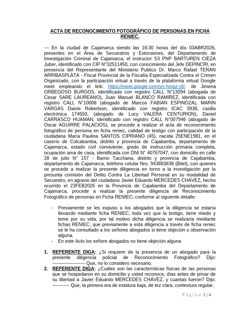Acta de Reconocimiento Fotográfico de Personas en Ficha Reniec | PDF ...