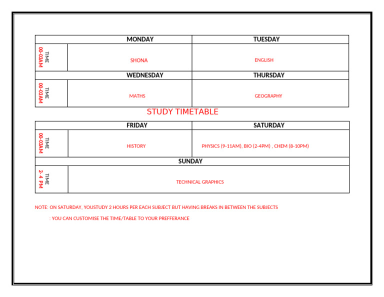 Wayne Study Timetable | PDF