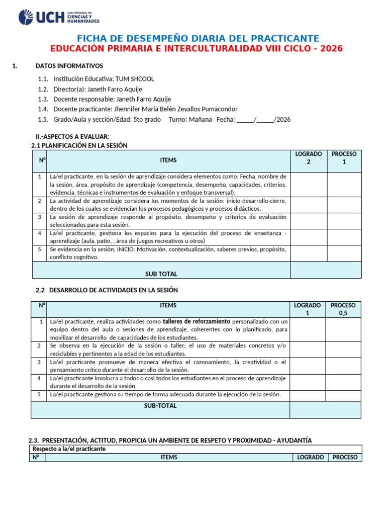 Formato de Ficha de Desempeño - 8vo Ciclo - PPP3 | PDF