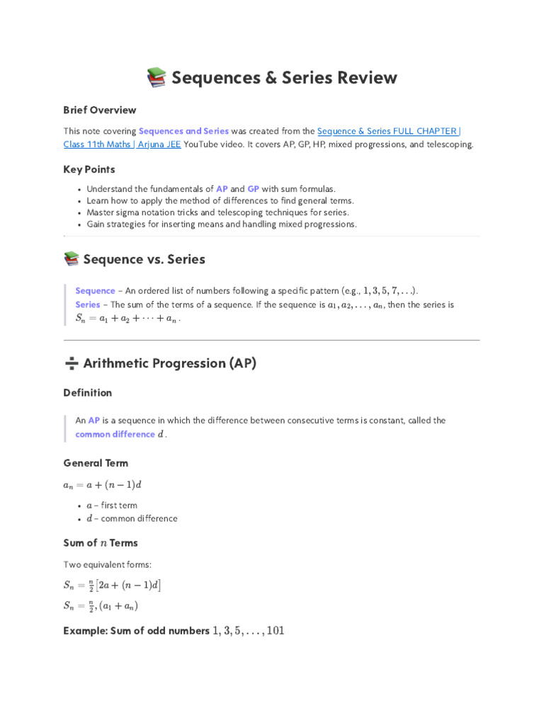 Sequence & Series FULL CHAPTER - Class 11th Maths - Arjuna JEE | PDF ...