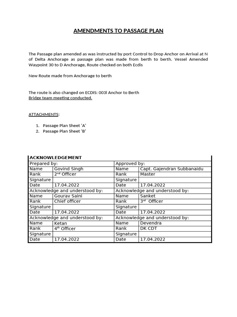 Amendments to Passage Plan | PDF