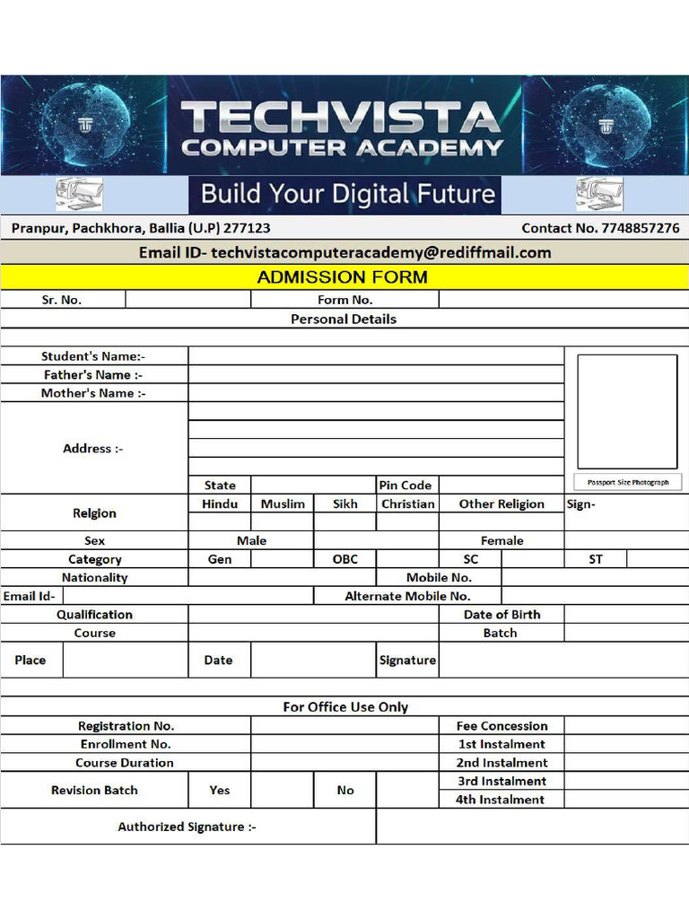 Admission Form Techvista Computer Academy 1 | PDF