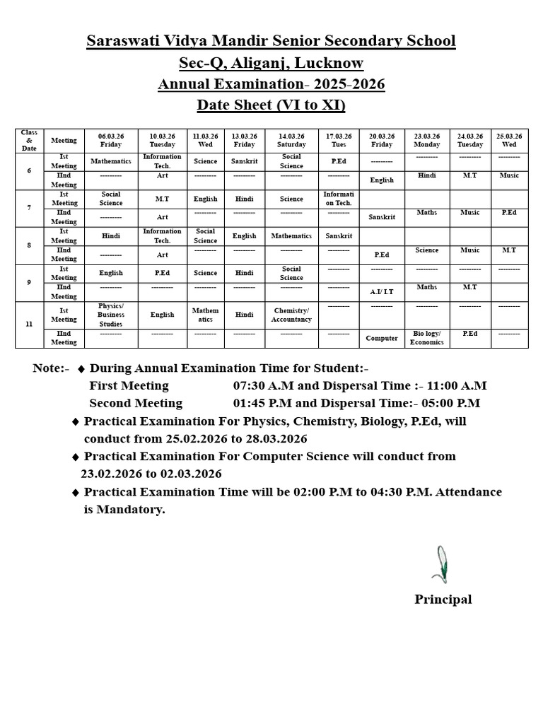 Annual Exam Date Sheet Class VI to XI (Updated) | PDF | Science