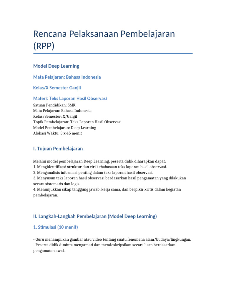 RPP Deep Learning LHO Kelas X SMK | PDF