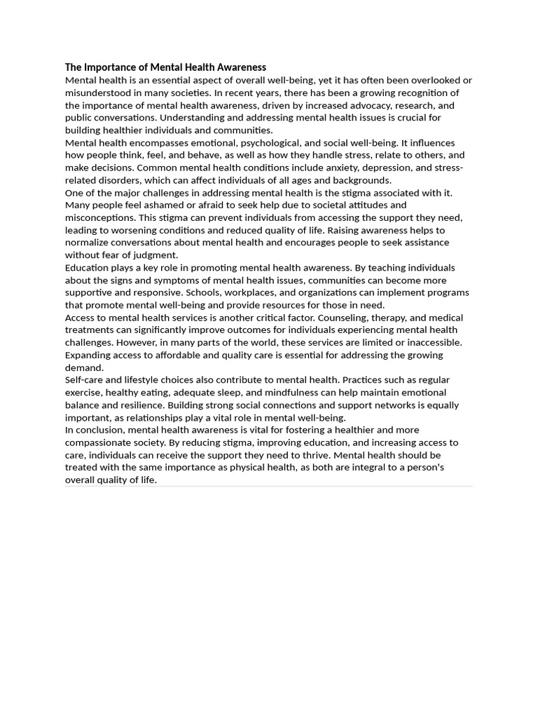 The Importance of Mental Health Awareness | PDF | Mental Health | Well ...