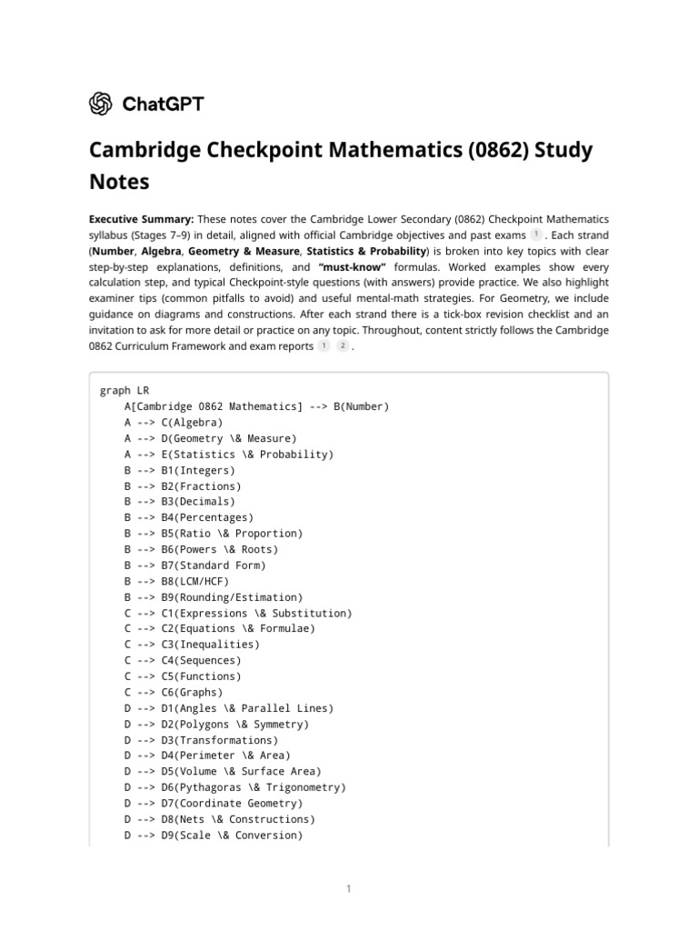 Cambridge Checkpoint Mathematics (0862) Study Notes | PDF