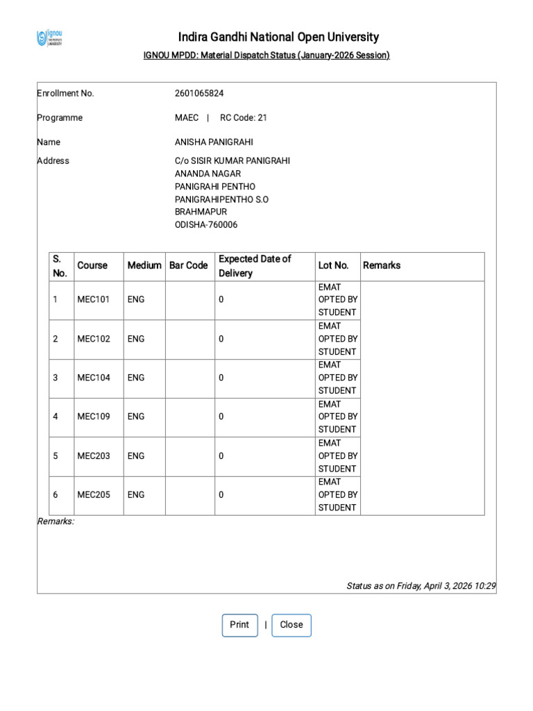 IGNOU_ Student Material Status | PDF