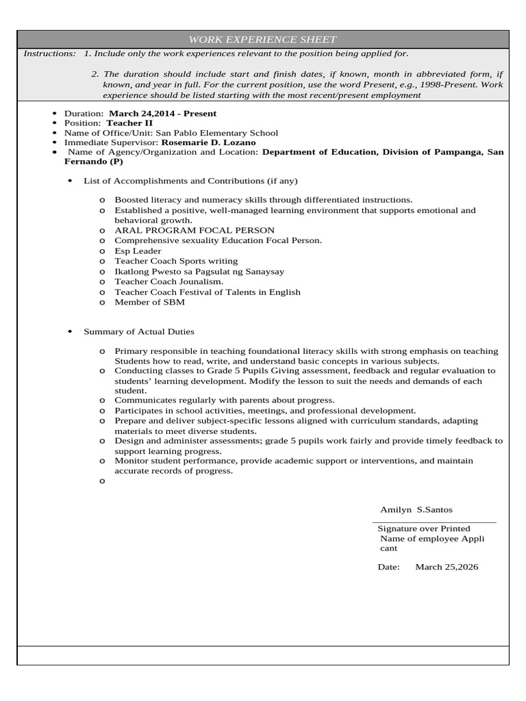 CS Form No. 212 Attachment Work Experience Sheet 1 | PDF