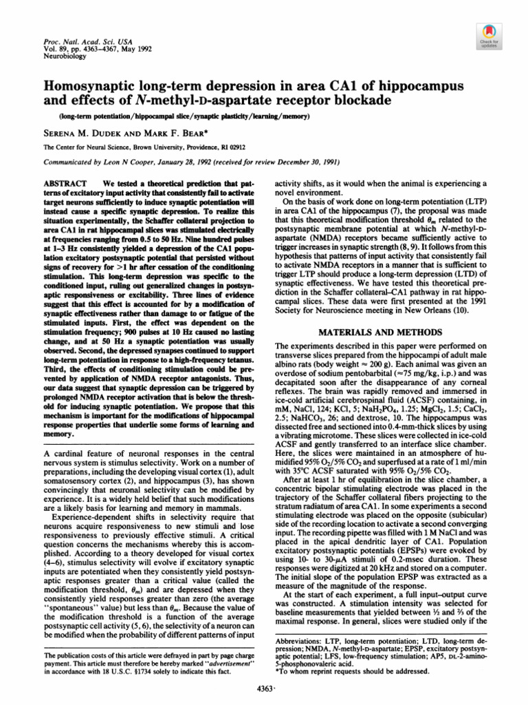 Dudek, S. M., & Bear, M. F. (1992). Homosynaptic Long-term Depression ...