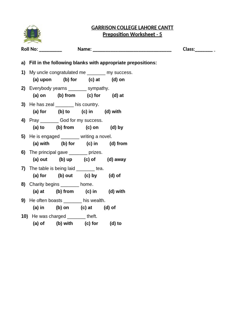 Worksheet Preposition 5 | PDF