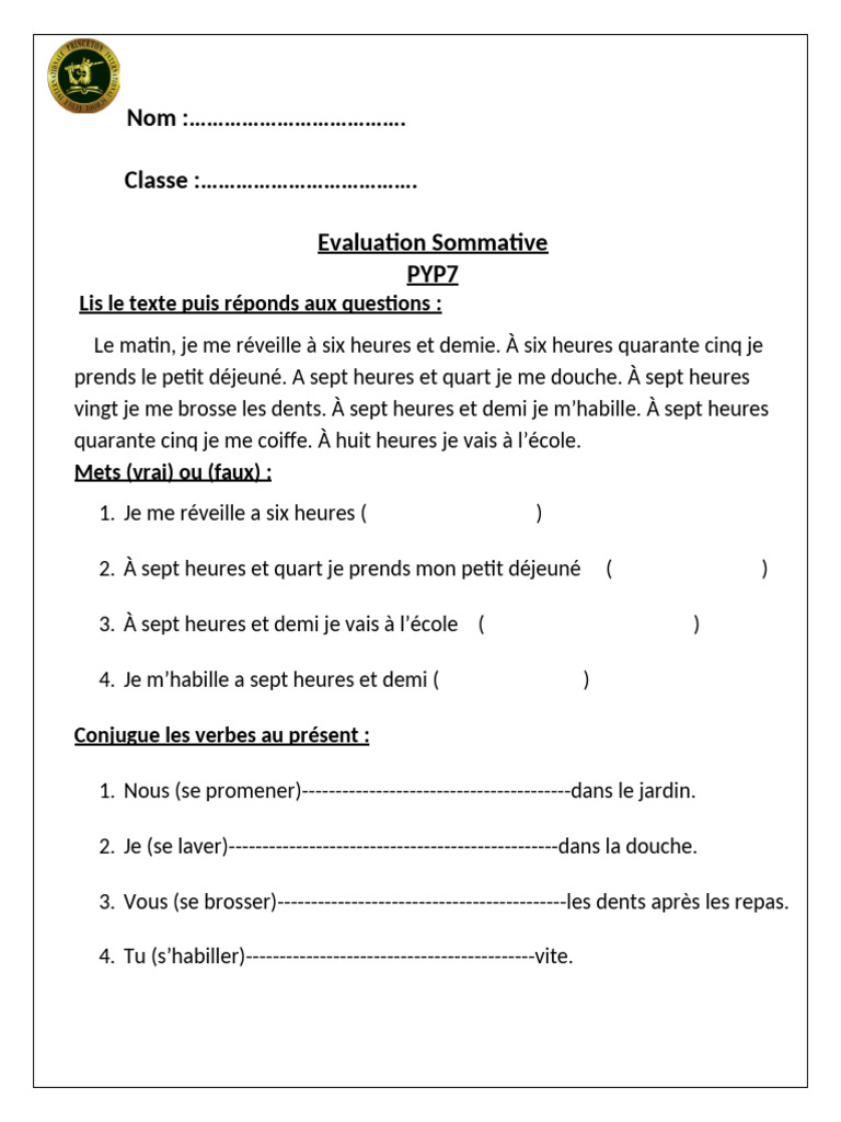 Evaluation Sommative 2-PYP7 - TR2 | PDF