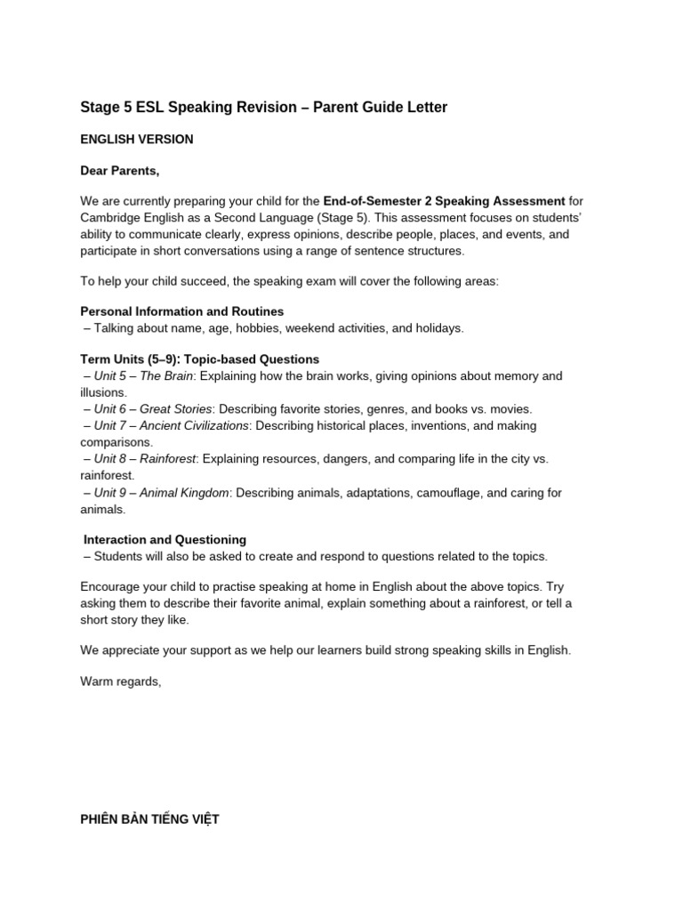 Stage 5 ESL Speaking Revision – Parent Guide Letter | PDF