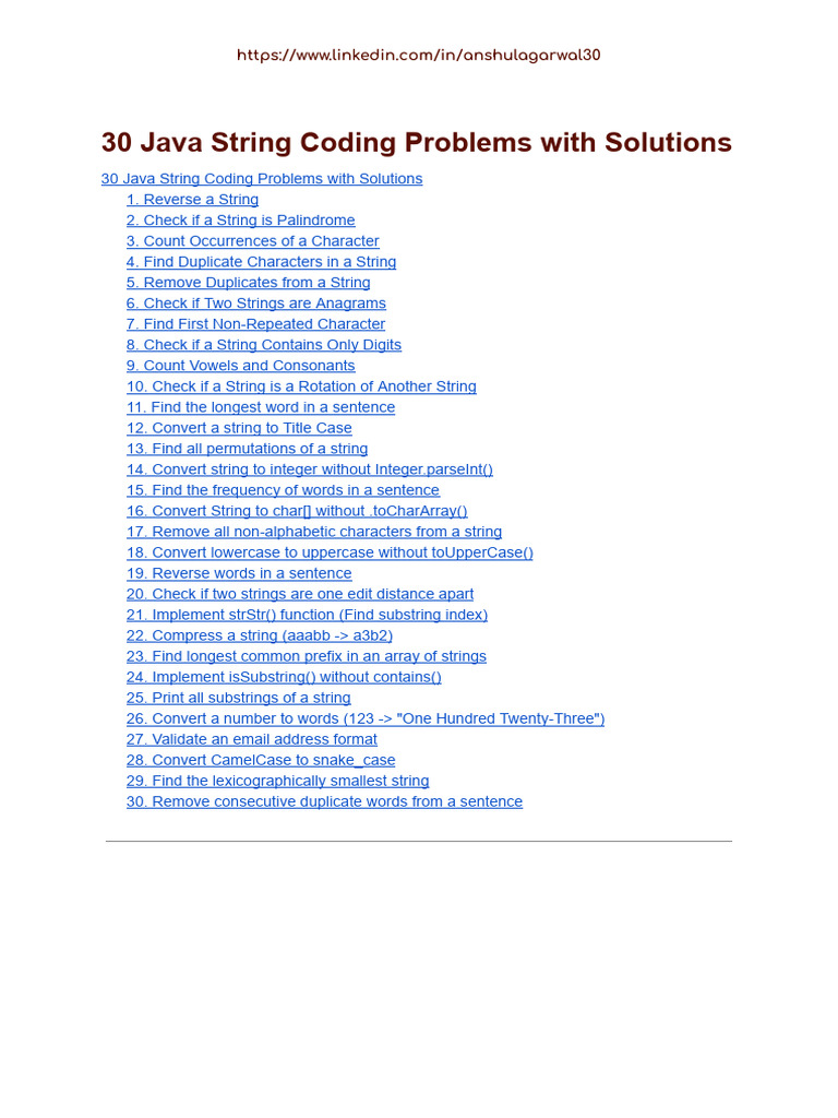 30 Java String Coding Problems With Solutions.pdf | PDF | String ...