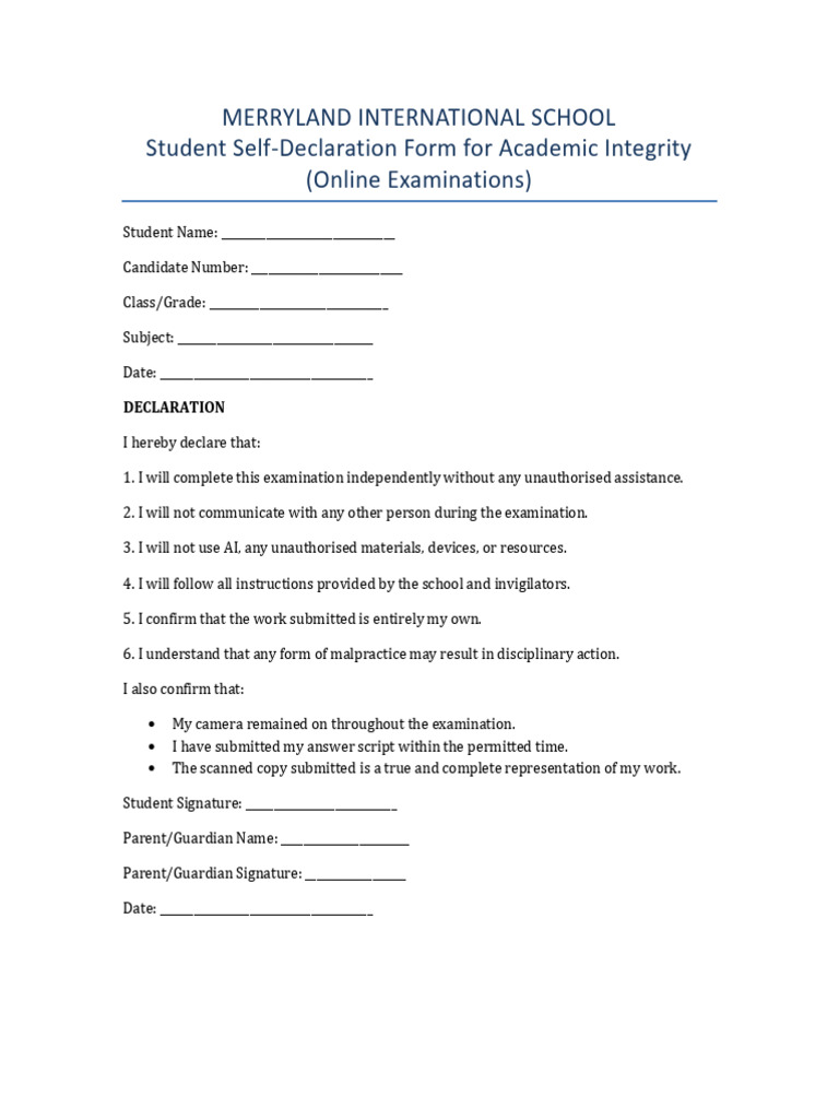 Student Academic Integrity Declaration | PDF