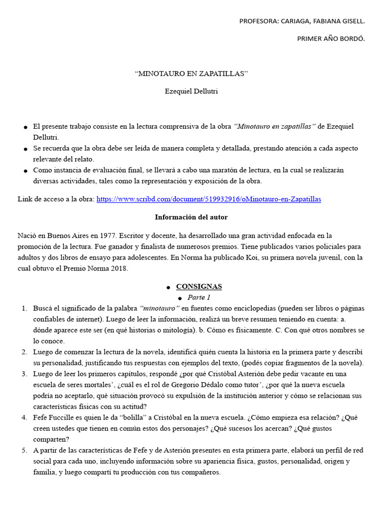 MINOTAURO EN ZAPATILLAS, trabajo práctico .docx | PDF