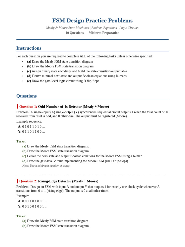 FSM Practice Questions | PDF | Computer Engineering | Digital Electronics