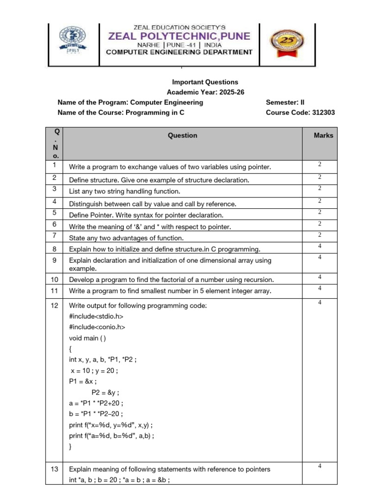Important Questions PIC(CO) for UT-2 | PDF | Pointer (Computer ...