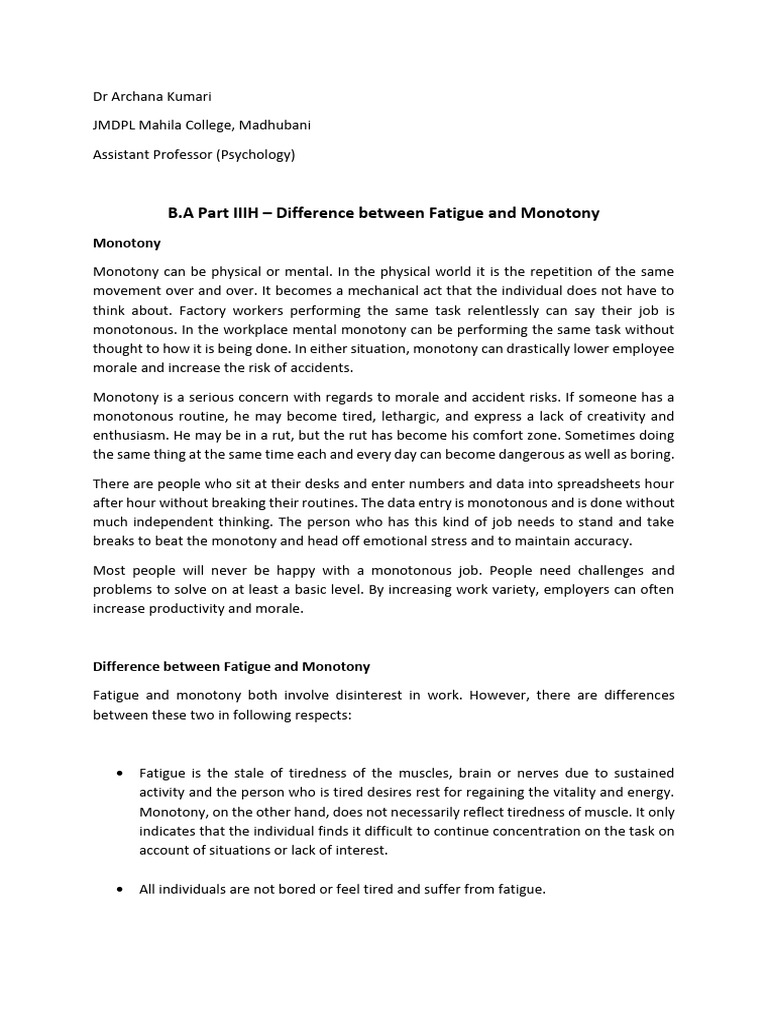 Difference Between Fatigue & Monotomy. | PDF | Cognition ...