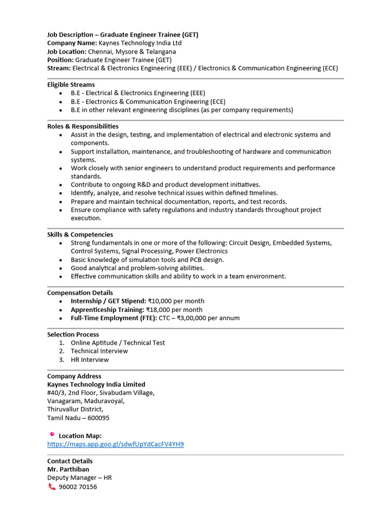 Job Description for Graduate Engineer Trainee | PDF