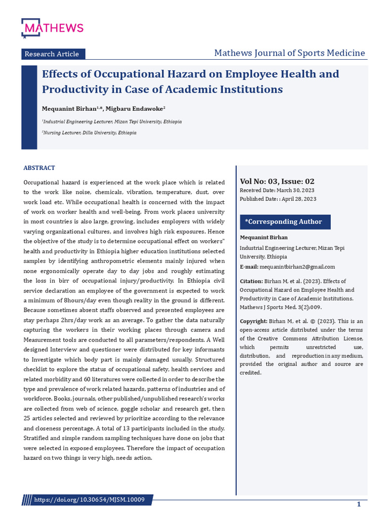 Effects of Occupational Hazard on Employee Health and Productivity in ...