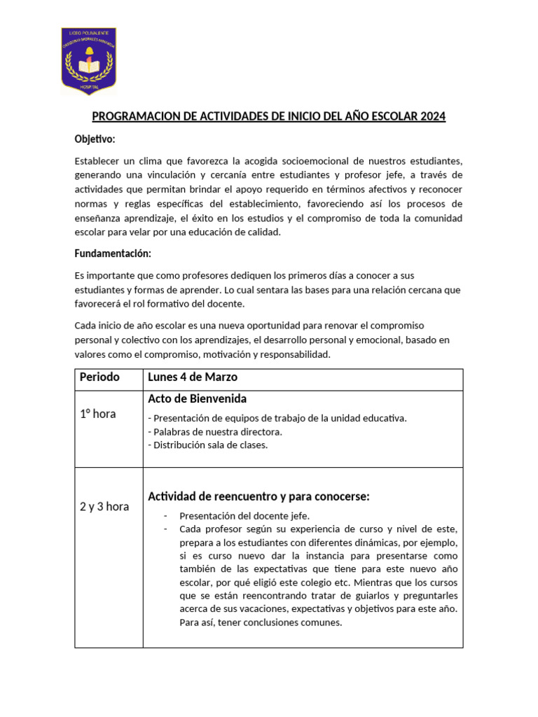 Actividades Inicio Año Escolar 2024 | PDF