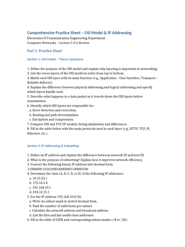 Comprehensive Practice Sheet OSI IP Addressing | PDF | Osi Model ...